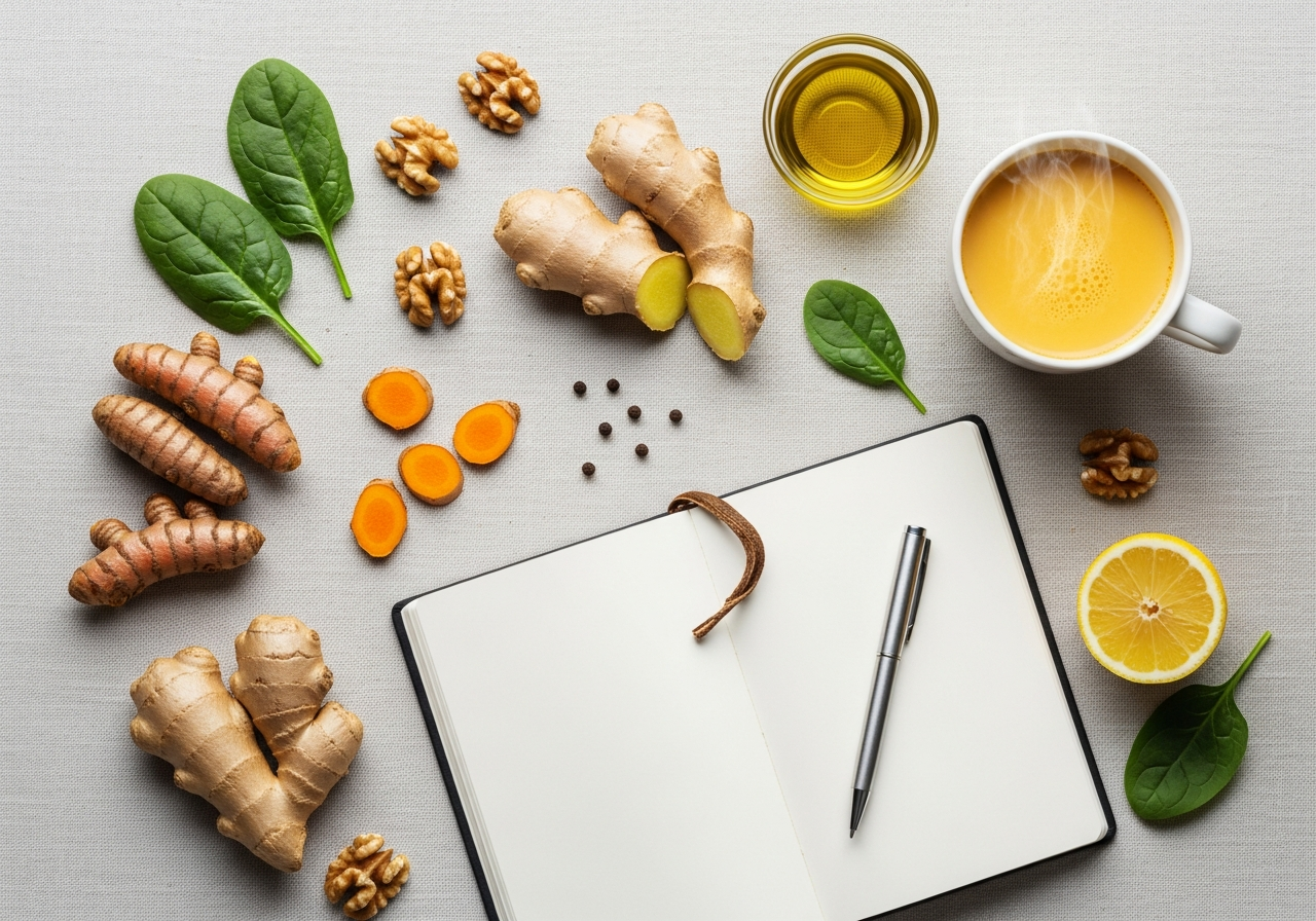 Overhead flat lay of turmeric, ginger, leafy greens, walnuts, olive oil, golden milk, and a wellness journal on a textured surface